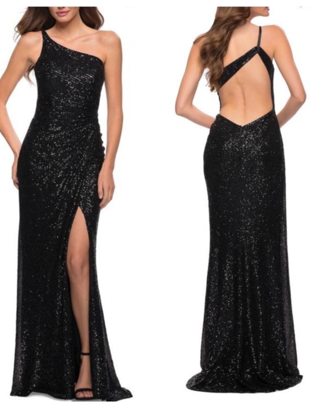 La Femme Sequin One Shoulder Gown Open Back Maxi Dress Formal Sz 8